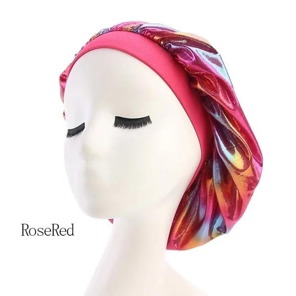 New Women Laser High Elasticity Wide Side Sleeping Cap Perm Hat Chemotherapy  Bath S Silk Bonnet for Sleeping