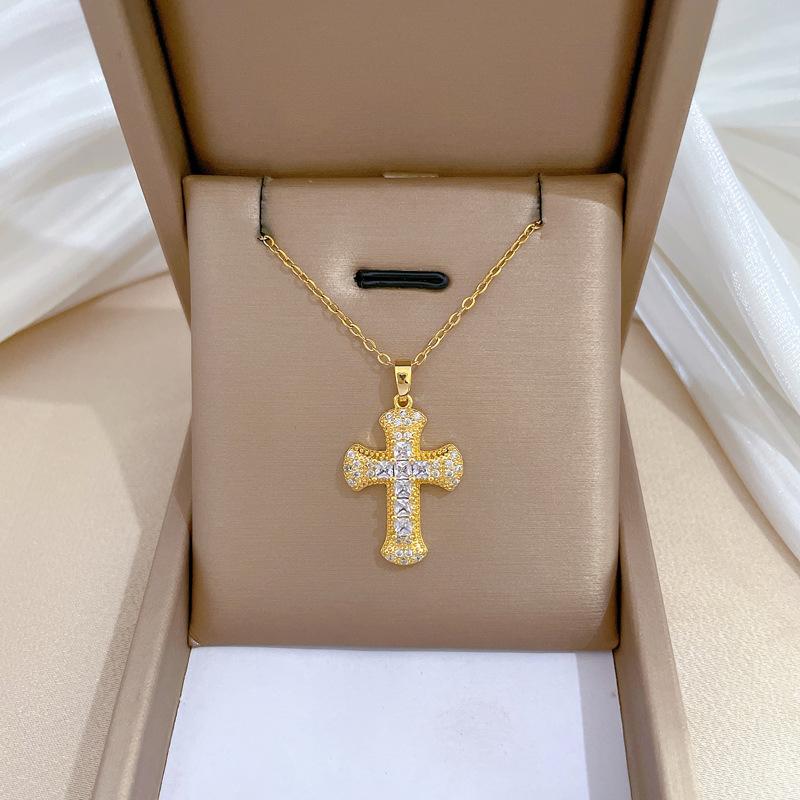 Cross Zircon Light Luxury Temperament Gorgeous Full Diamond Necklace Female Versatile Collarbone Chain Titanium Steel Chain