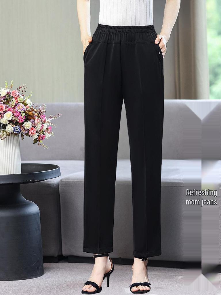 Ice Silk Elastic Waist Casual Pants for Middle-Aged & Elderly Women - Plus Size, Loose Straight-Leg Trousers