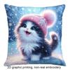 2D Flat - 1pc Cute Cat Under Snowflakes 2D Graphic Printed Pillowcase | Double-Sided, Zipper Closure, Machine Washable, Suitable For Living Room, Offi