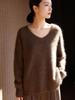 Women's Plus Size Pure Cashmere V-Neck Pullover: Loose Fit, Long Sleeve, Thick Winter Sweater
