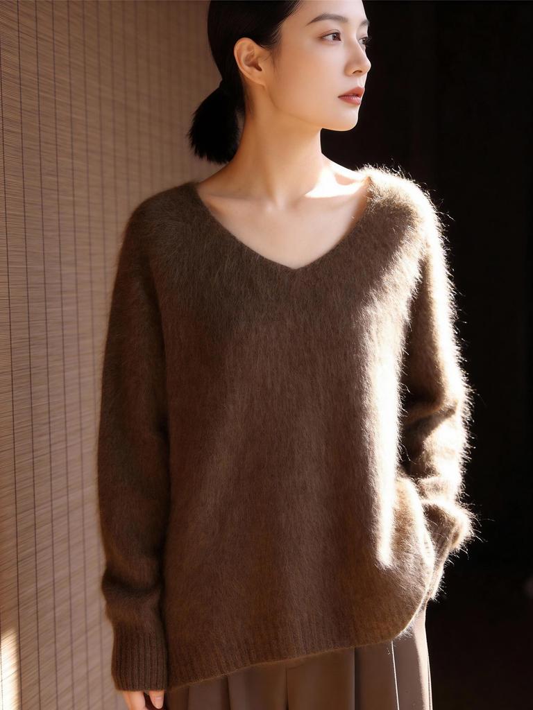 Women's Plus Size Pure Cashmere V-Neck Pullover: Loose Fit, Long Sleeve, Thick Winter Sweater