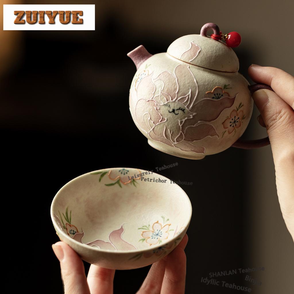 Hand-painted Nine-tailed Fox Travel Tea Set Kit Elegant 1 Pot 1 Cups Tea Maker Organizer Portable Camping Stock Bags Ornaments
