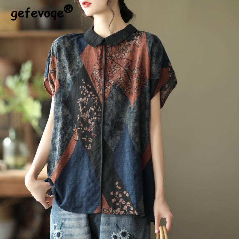 

Женская винтажная этническая блузка свободного покроя из хлопка, летняя модная рубашка с воротником-поло и коротким рукавом, повседневные простые топы, блузы, Ropa 5XL кофейный