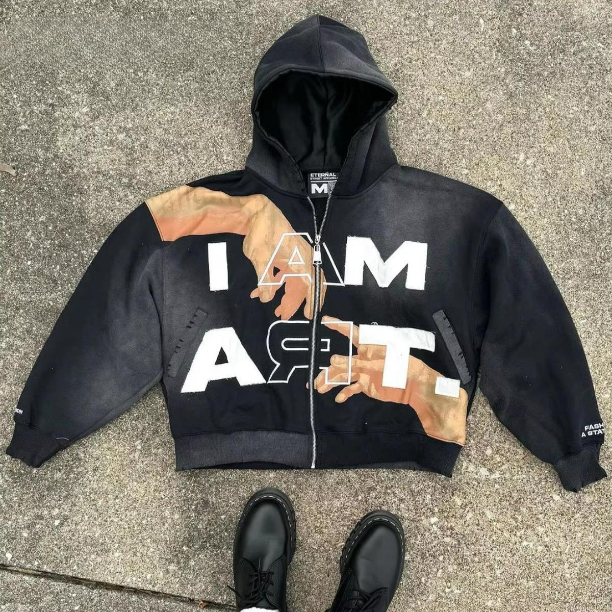 

ZYLLO Хип-хоп Трендовая Уличная Одежда Y2K Харадзюку Американский Ретро Принт с Буквами Толстовка на Молнии Панк Повседневная Цветная Оверсайз Толстовка L чёрный