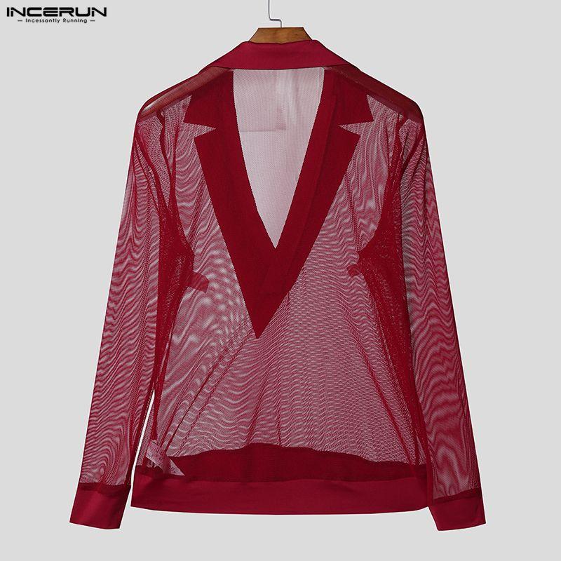 INCERUN Men V Neck Long Sleeve Mesh Sheer Hollow Out Fitted Party T-shirts