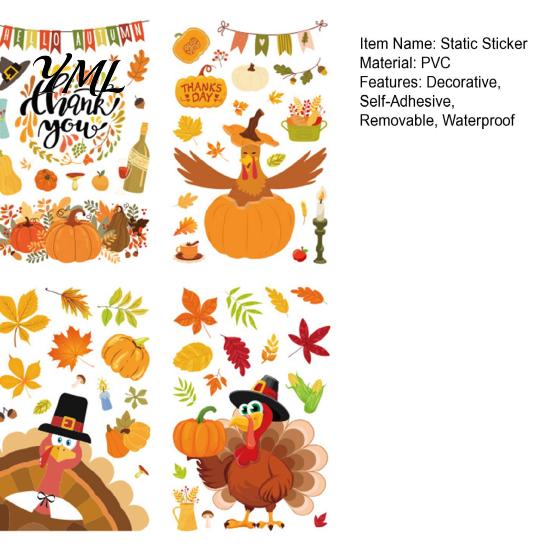 Removable Glass Stickers 4 Sheets Thanksgiving Static Window Stickers, Decorative Vinyl Decals, Autumn Turkey Pumpkin Maple Leaves Patterns