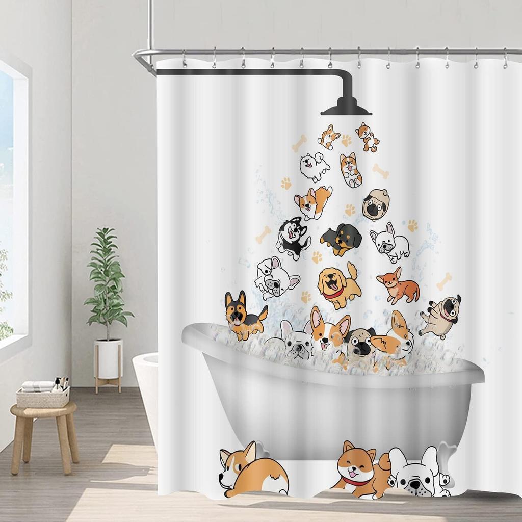 Cute Raining Dogs Shower Curtain,Funny Dog Cartoon Corgi Kids Shower Curtains Hilarious Cute Animal Pets Playing Water Design