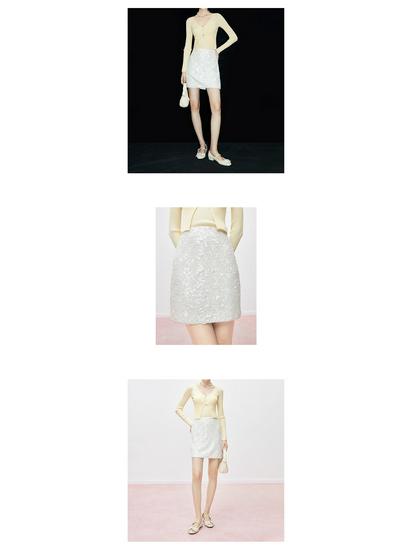Autumn 2025 Elegant High-Waisted Porcelain White Sequin Midi Skirt for Women