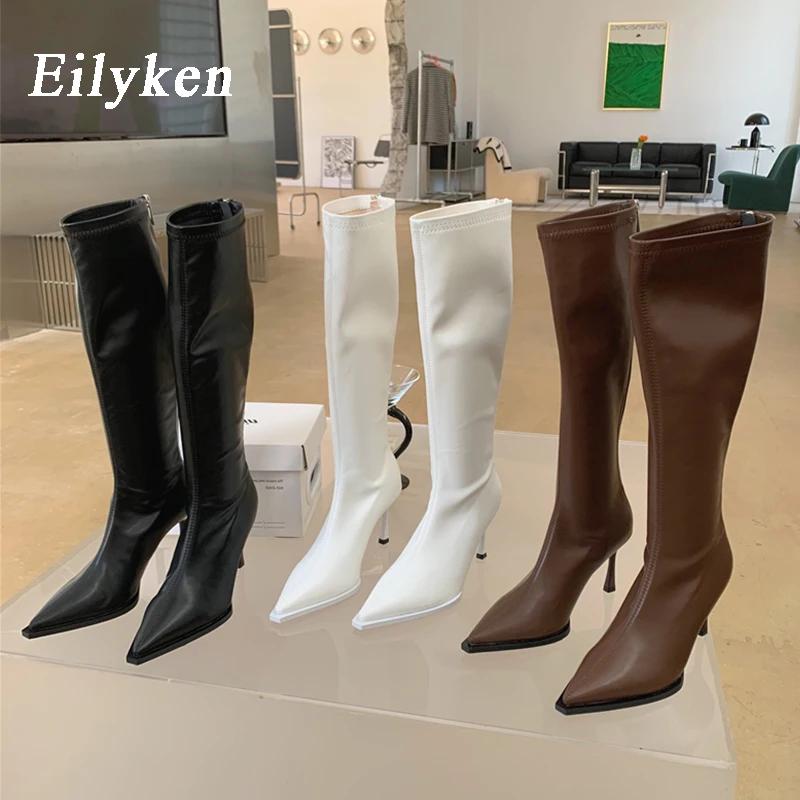 Fashion Eilyken Sexy Pointed Toe High Heels Women Knee-High Boots Spring Autumn Shoes Slim Elastic Fabric  Modern Long Botas Mujer