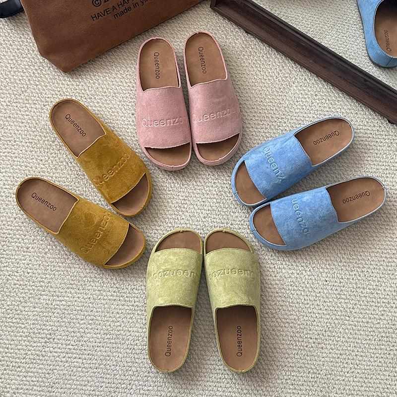 Retro niche yellow frosted leather one-word open-toed platform slippers women's summer wear casual shoes cool slippers