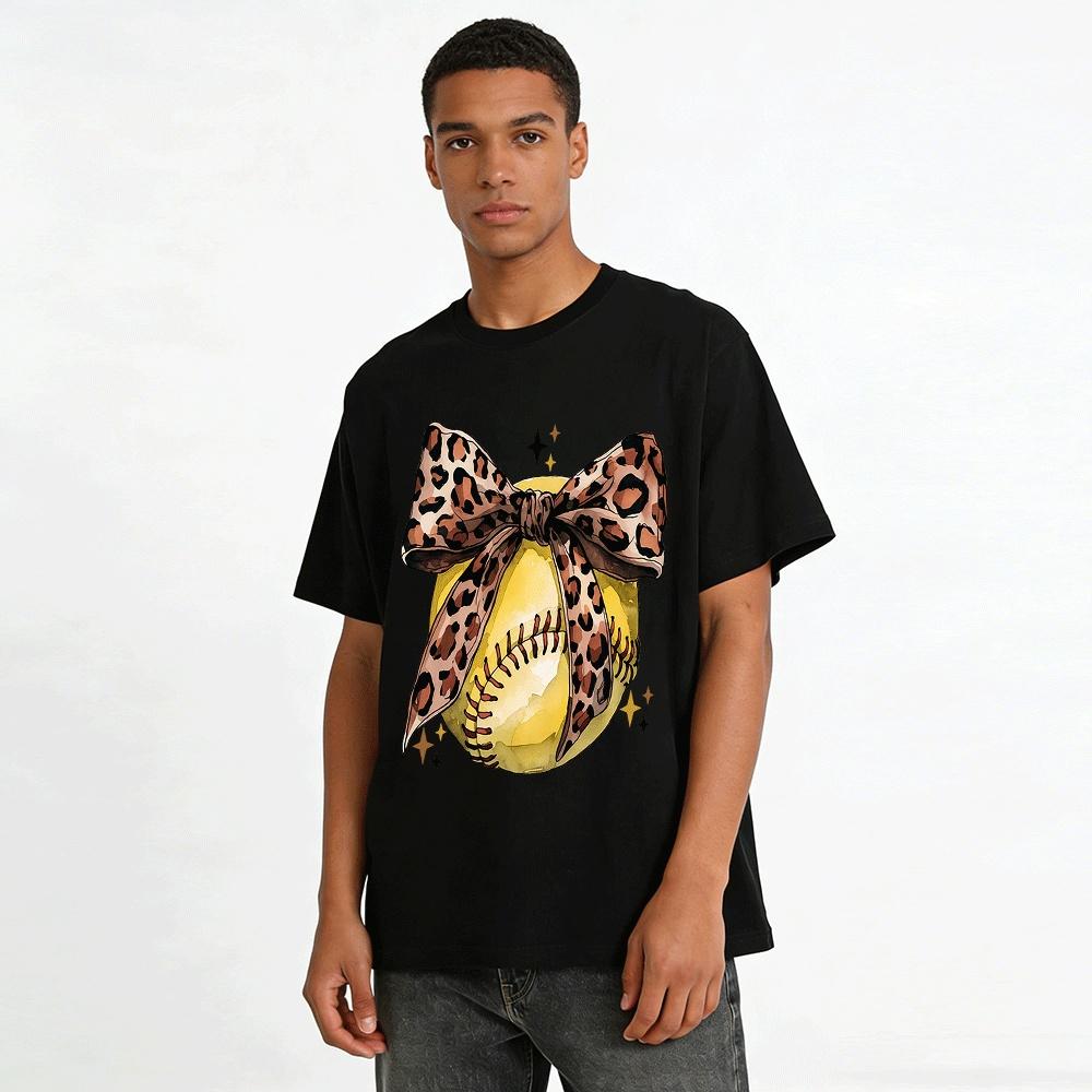 Leopard Print Bow Softball Graphic Casual Top Pure cotton T-shirt