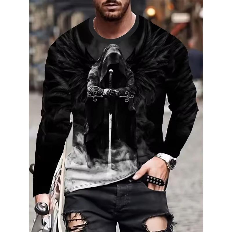 Autumn Round Neck 3D Skull Pattern Printed Top Fashionable Casual Long Sleeved Men's T-shirts