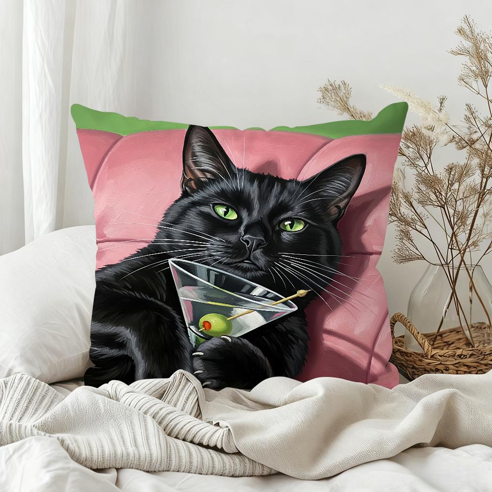 Black and White Cats with Champagne Art Pillow Case Bedroom Sofa Living Room Backrest Decoration Square Cushion Nap Time