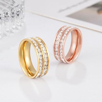 Double Row Full Diamond Sugar Cube Ring Female Gypsy Star Simple Ring Titanium Steel Electroplated Jewelry Premium