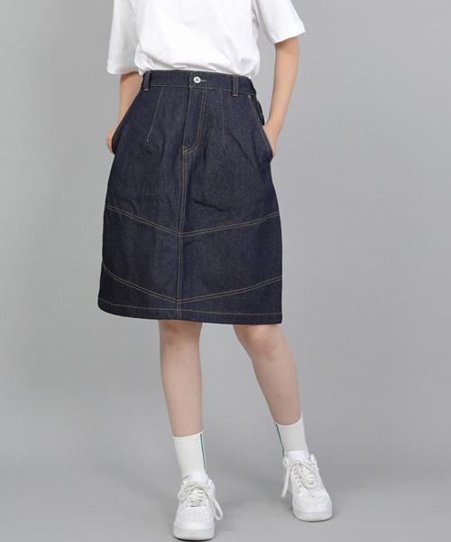 Seinteukeulu Wide Dome Half-Band Midi Skirt Wdm-1305 Indigo Denim Brs