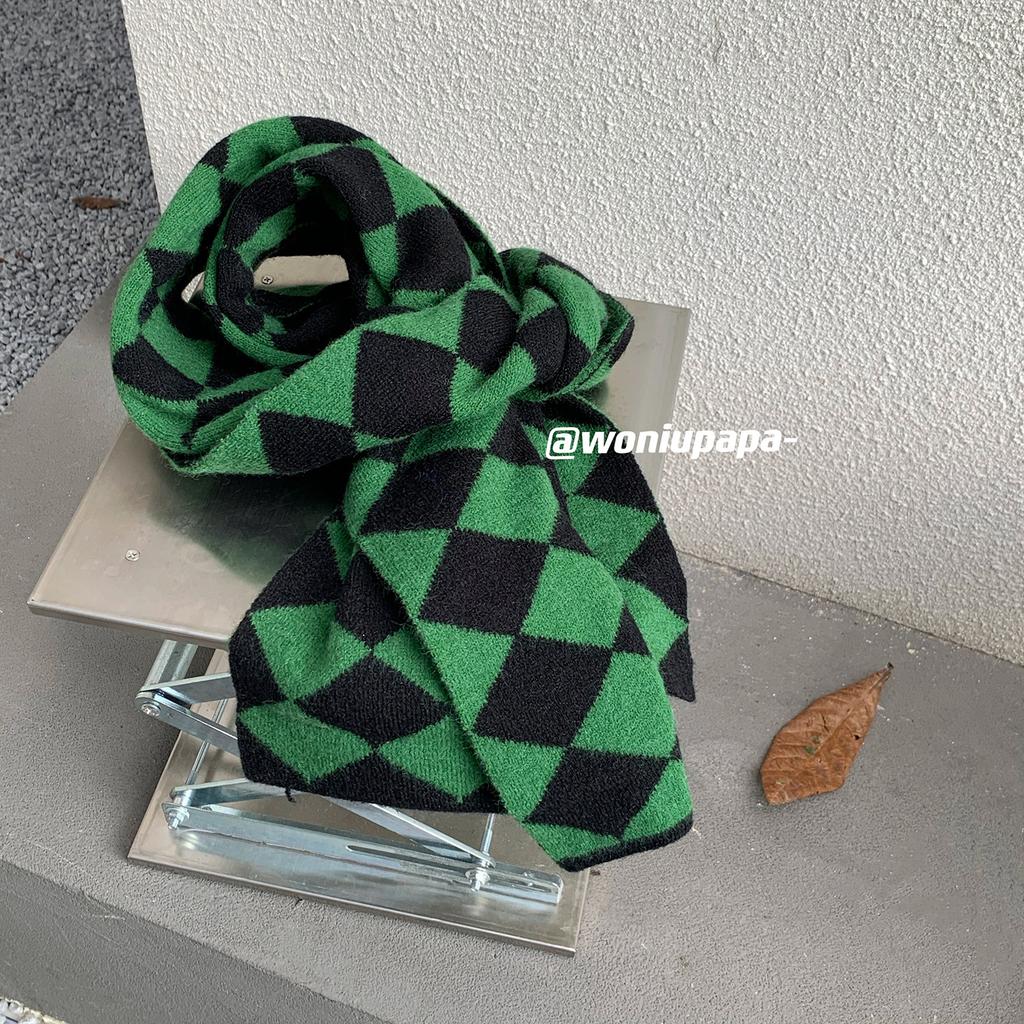 Green Rhombus Plaid Scarf for Women In Winter Japanese Style Versatile Student Thickened Warm Plaid Knitted Short Scarf Trendy