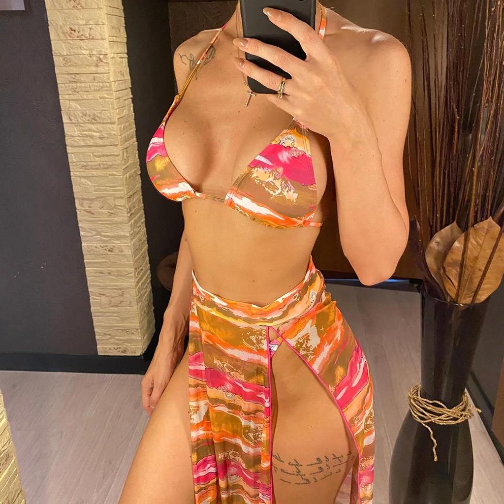 Sexy Printed Halter With Long Skirt Bikini Female Swimsuit Women Swimwear Three-pieces Bikini Set Bather Bathing Suit Swim