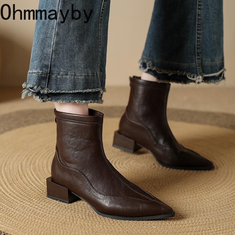 Winter Pointed Toe Thick Heels Women Ankle Boots Fashion Short Plush Shoes Female Vintage Slim Short Booties  De Muje