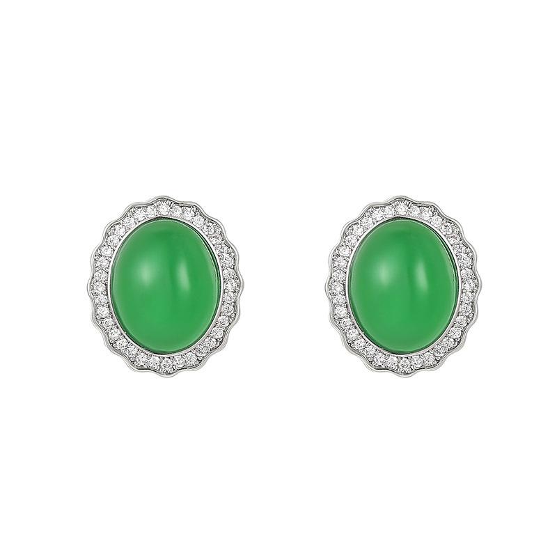 New Chinese ice yang green egg surface stud earrings silver inlaid with wave diamond edge retro noble earrings