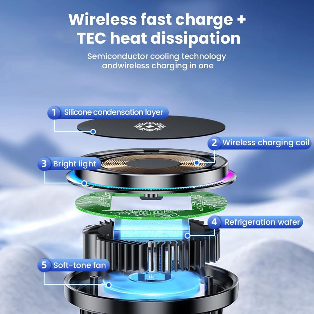 Magnetic Car Phone Holder Mount Chargers RGB Light Wireless Charger ICE Cooling Fast Charging for Magsafe iPhone 12-16 Pro Max