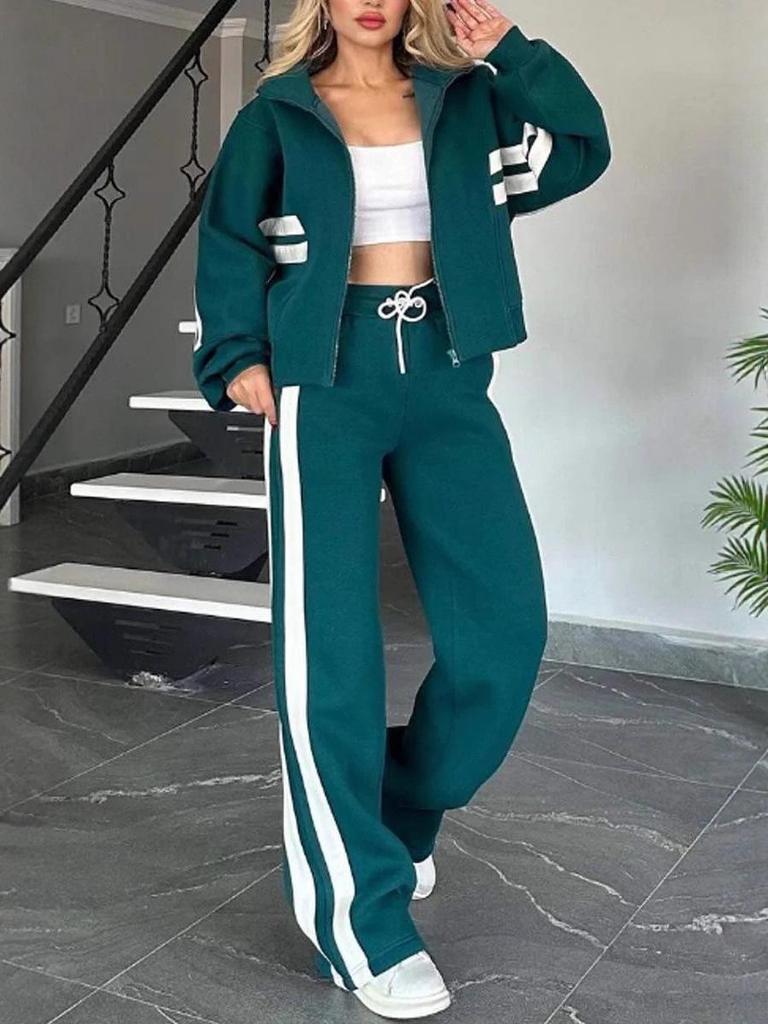 2025 Women's Striped Zipper Jacket & Casual Sportswear Set - Spring/Summer Collection