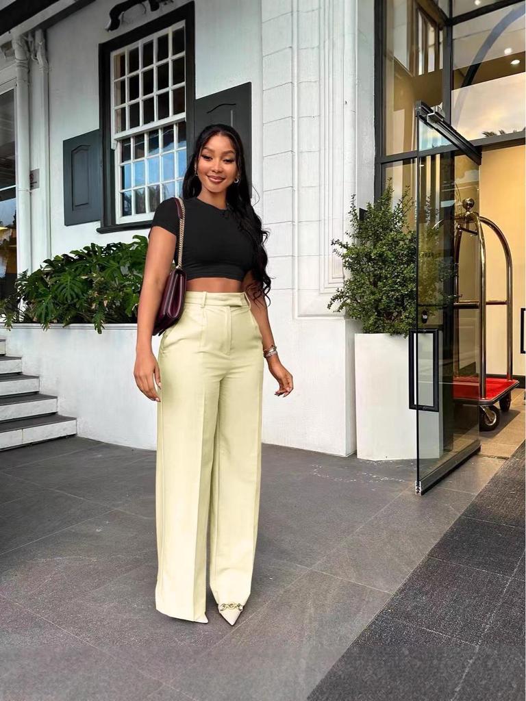 Y6012 Damskie spodnie casual z wysokim stanem, prostą nogawką i szeroką nogawką na wiosnę/jesień/zimę - Styl europejski i amerykański