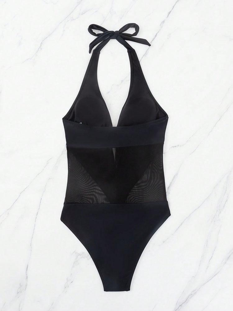 Halter Tie Sexy One-Piece Solid Mesh Swimwear for Women