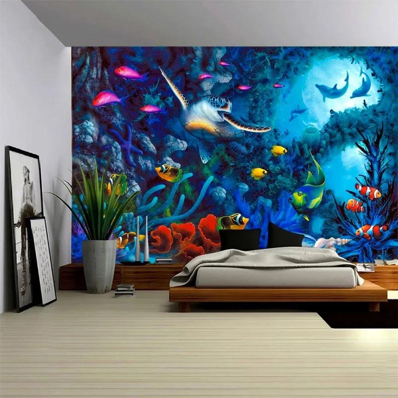 Ocean Art Tapestry Dream Sea World Wall Hanging Bedroom Decor Psychedelic    Curtain Background Room