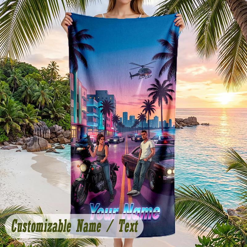 GTA Beach Towel, Personalized Custom Text, Quick Dry Soft Large Towel For Swimming Pool Travel