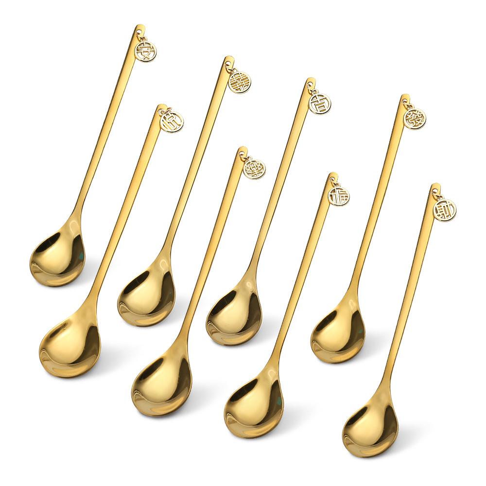HANYANG Tableware Stainless Steel Spoon God of Fortune Lion Dance Gold Dessert Spoon Fortune Cat Fruit Fork