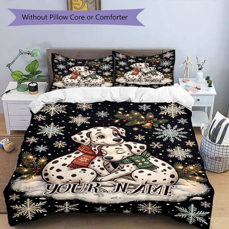 3PC Custom Name Winter Dalmatian Hug Bedding Set Duvet Cover Closure Includes 1 Duvet Cover & 2 Pillowcases for Bedroom