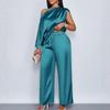 Damen One-Shoulder Drapierter Ärmelloser Uni-Farben Satiniert Weiter Bein Hosenanzug Set