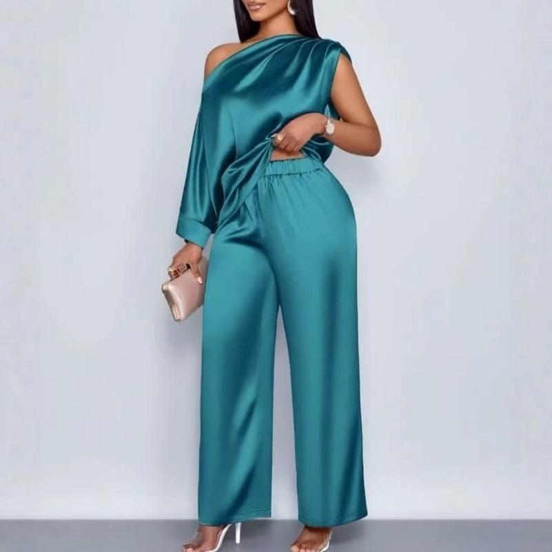 Damen One-Shoulder Drapierter Ärmelloser Uni-Farben Satiniert Weiter Bein Hosenanzug Set