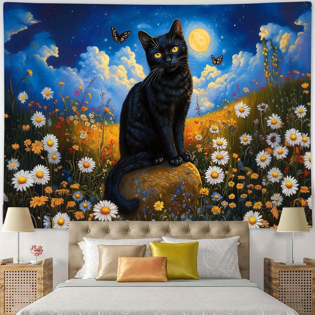 Enchanted Midnight Cat Tapestry Moonlit Floral Fantasy Wall ArtLarge Decor for Living Room or Bedroom Add Magic To Your Space