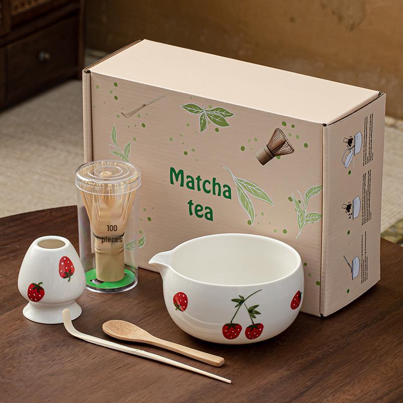 Hand-Painted Matcha Tea Ceremony Set: Whisk, Stirrer, Hyakuhon-date Chasen, and Souvenir Brush