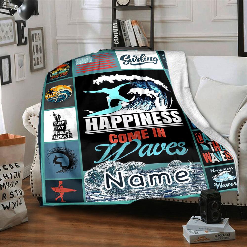 Surfing Happiness Come In Waves Home Customize Your Name Blankets Comfortable Soft Lightweight Allseason Multipurpose Blanket For Picnics Sofas
