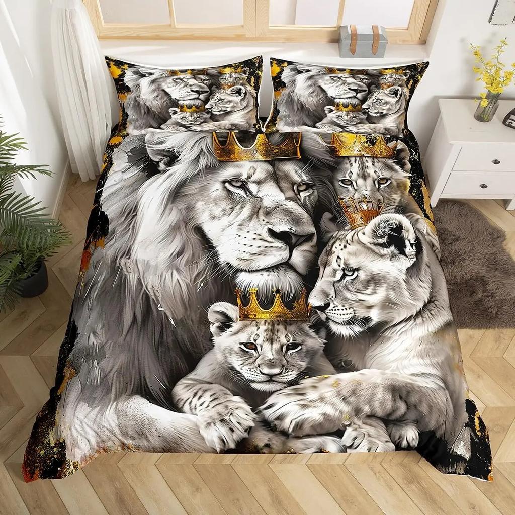 Lion Duvet Cover Set King Queen Hand Drawn Animal Bedding Set Graffiti Abstract Art Quilt Cover Wildlife Vintage Comforter Cover