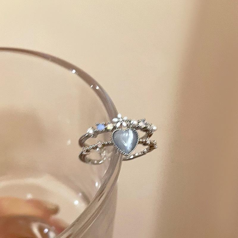 Fashion Blue Opal Heart Rings for Women Kpop Punk Gothic Open Flower Rhinestone Finger Rings Wedding Party Trendy Girls Jewelry