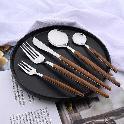 20Pcs/5Pcs Dinnerware Stainless Steel Knife Fork Spoon Mirror Silver Golden Wooden Handle Dishwasher Kitchen Western Flatware