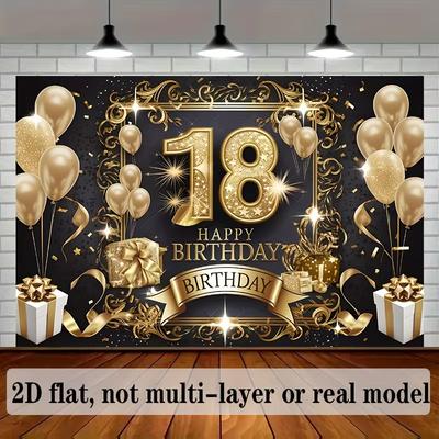 2D Black Gold 18th Birthday Backdrop Banner - Happy 18th Birthday Photo Background