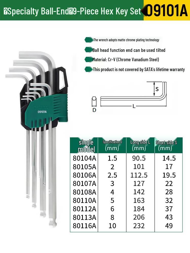SATA Extra Long Hex & Torx Wrench Set with Ball & Flat Heads