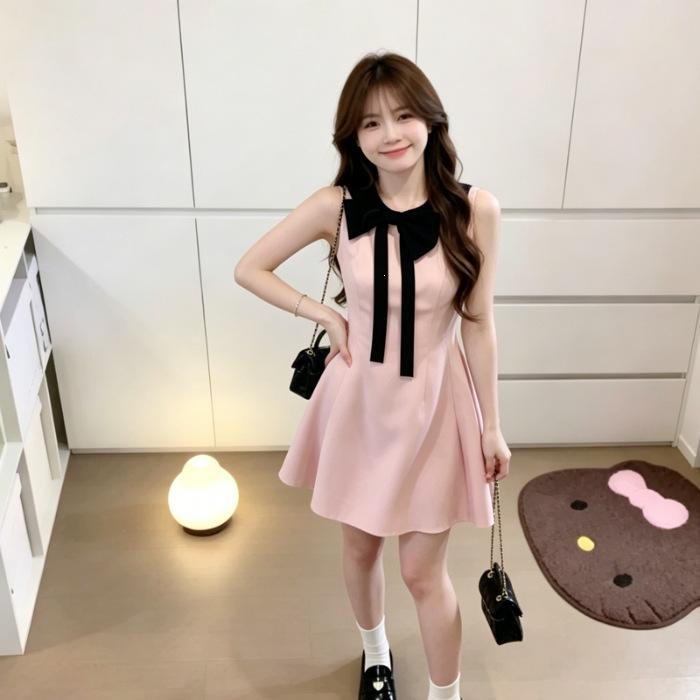 French Daughter Style Pink Dress Children's Sleeveless Neck Bow Short Skirt Princess Style Birthday Temperament Dress