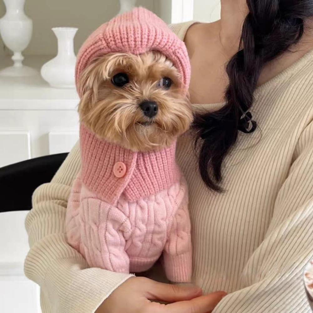 

Puppy Dress Up Warm Dog Knitted Hat Soft Fashion Cat Bear Hat Comfortable Solid Color Pet Hooded Scarf Outdoor рожевий