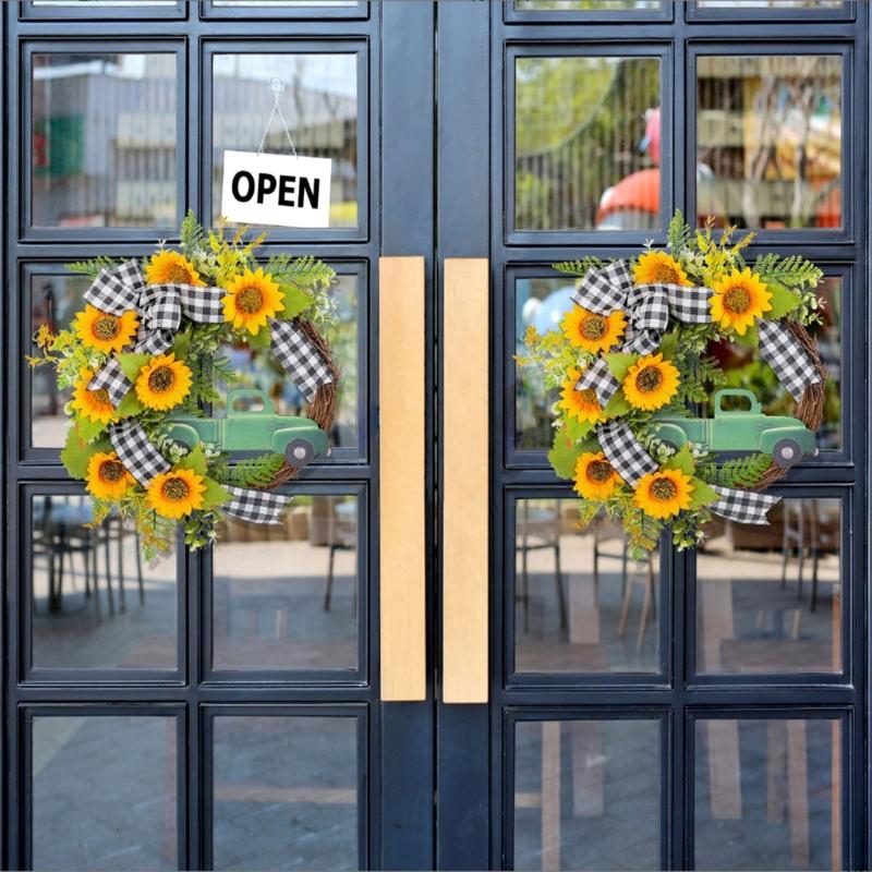 Sunflowers Wreath with Truck for Front Door, Artificial Spring Wreath for Farmhouse Outdoor Garden Wedding Decorations