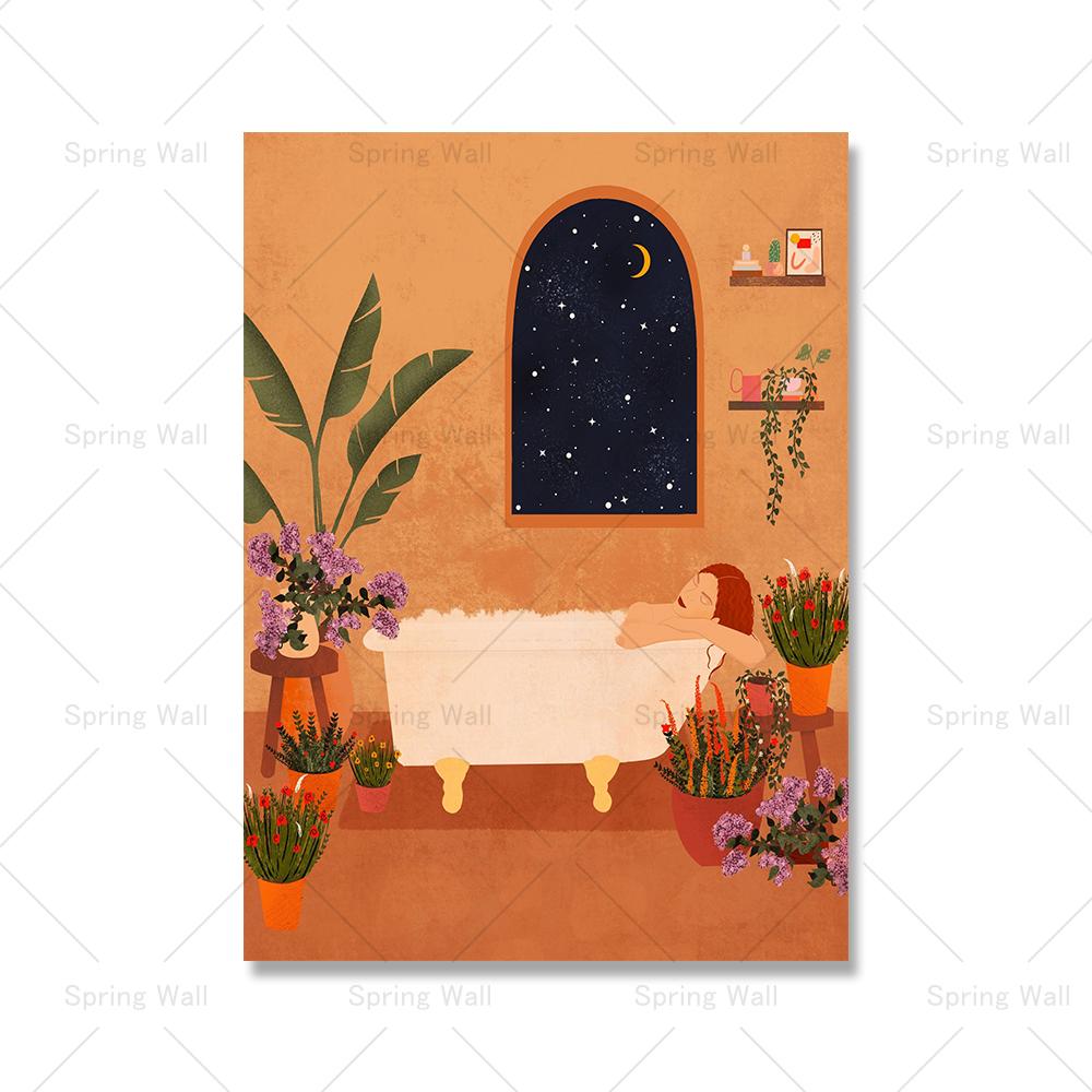 

Купающаяся дама в окружении растений Иллюстрация Картина на холсте Мирная ботаническая настенная живопись Картина для ванной комнаты Декор для спальни для девочек 21x30cm No Framed