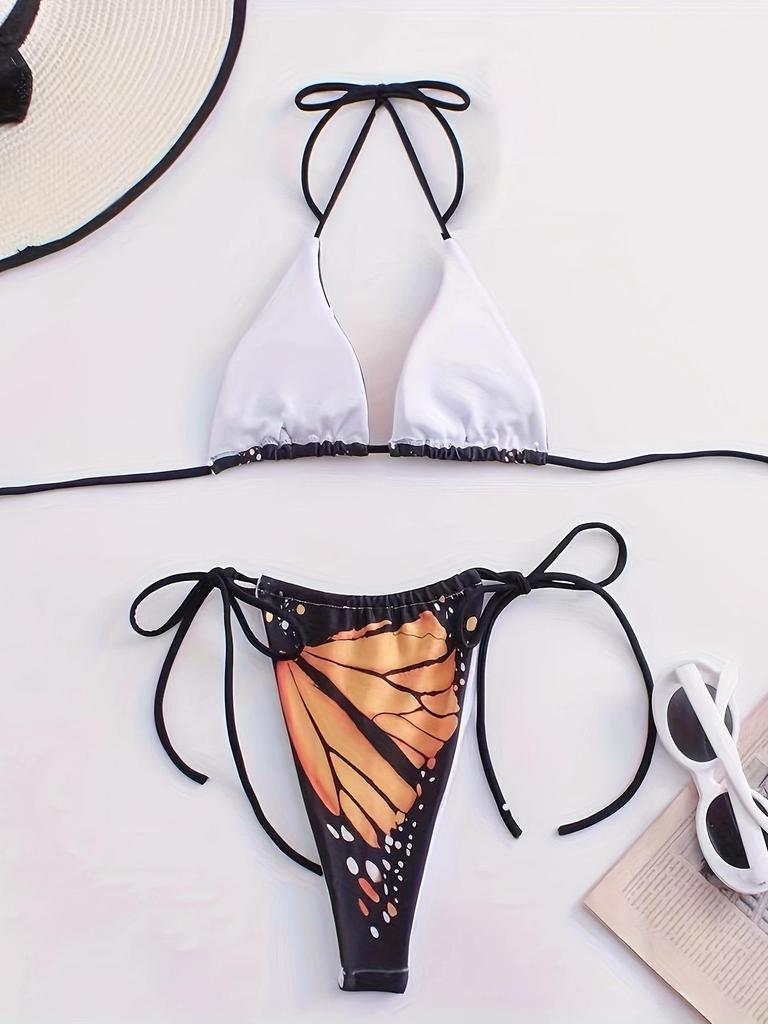 European & American Halter Tie-Up Butterfly Print Bikini Set