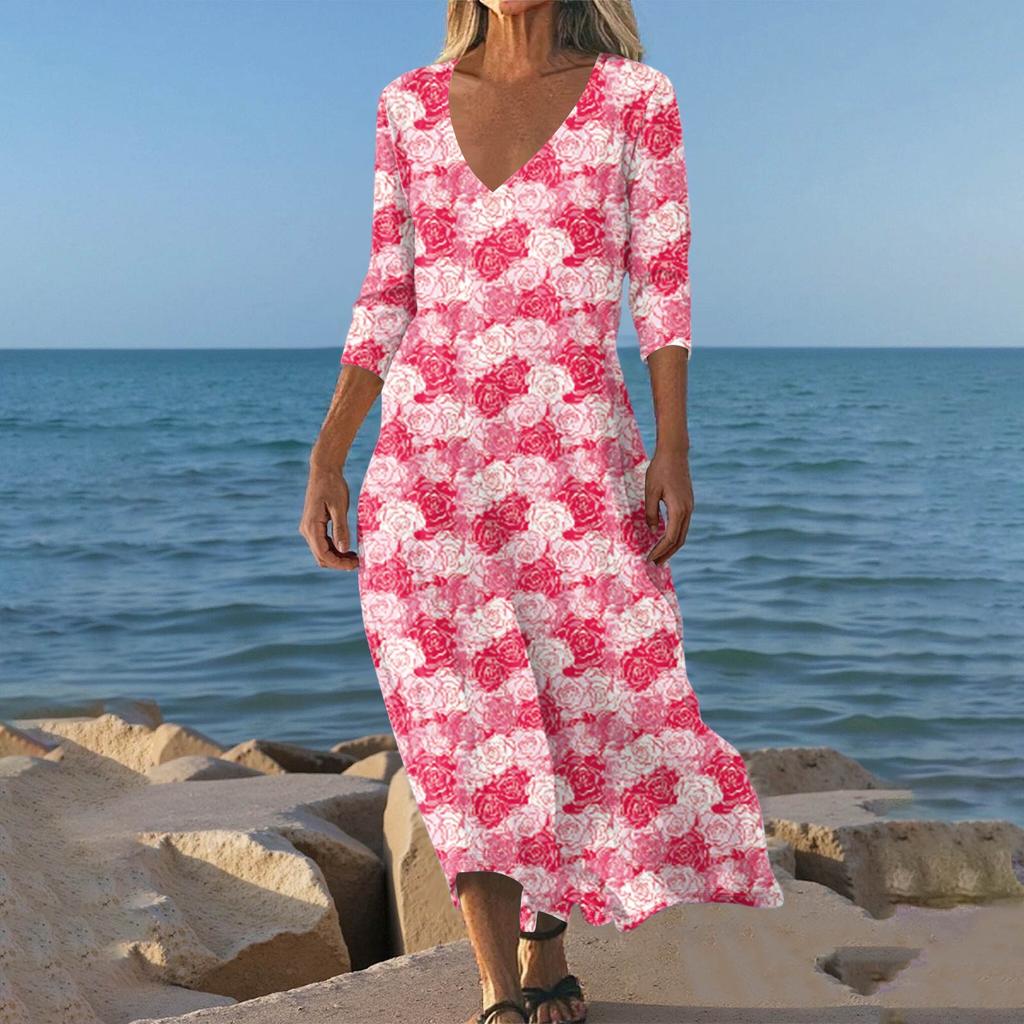 Sukienki Damskie Sukienka Midi z Tuniką w Stylu Vintage z Nadrukiem, z Wcięciem w Talii, Letnia Codzienna Sukienka z Rękawem 3/4