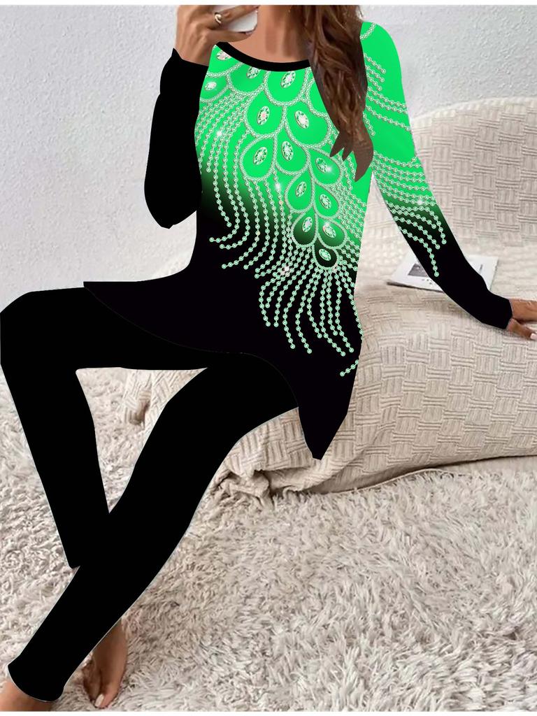 Euroamerikanische Mode 3D-gedrucktes Damen Vier-Jahreszeiten Langarm-T-Shirt + Lange Hose Zweiteiler. Perfektes Geschenk für Neujahr & Weihnachten