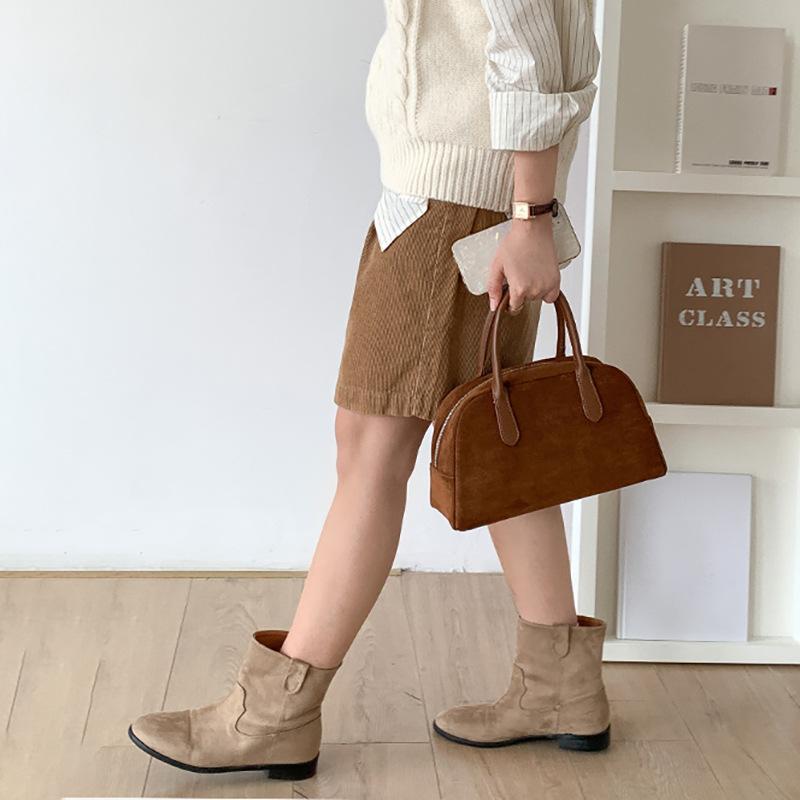 Vintage Faux Suede Women'S Boston Handbags Luxury Retro Ladies Small Top-Handle Shoulder Bag Fashion Female Bowling Tote Purse